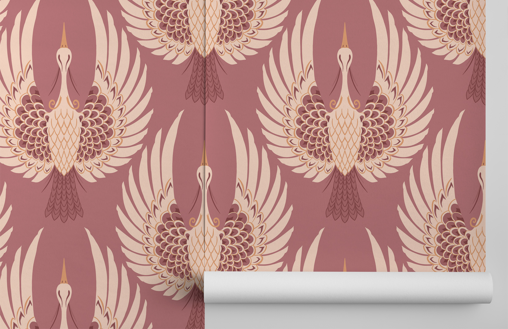 Pink Art Deco Crane Bird Pattern Wallpaper Hovia